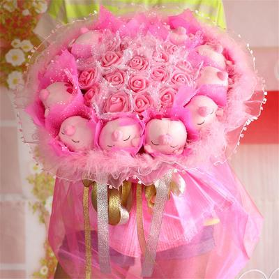 China PE Lovely Cartoon Rose Flower Bouquet For Valentine's Day Girlfriend Festival Gifts Artificial Stuffed Plush Toys Bouquet Piggy Piggy Toys Bouquet for sale