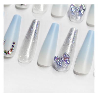 China Easy Apply NEWAIR Newest Design Long Charm Coffin Nail Tips Butterfly Decoration Tips Blue Extra Long Fake Nail Tip for sale