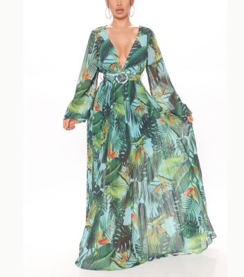 China 2022 New Fashion Deep V-Neckline Sun Dress Elegant Ladies Plus Size Maxi Dress Sundress Long Waist Casual Floral Chiffon Women's Anti-Static Sun for sale