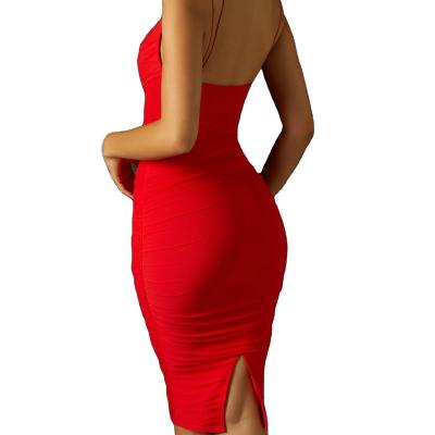 China Dry Cleaning 2022 Sexy Fashion Summer Net Sleeveless Ruched Women Mini Club Party Bodycon Dress Sexy Red Satin for sale