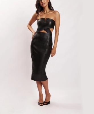 China Viable Manufacturer Viable Black Elegant Strapless Bodycon Cut Sexy Midi PU Faux Leather Dress Women for sale