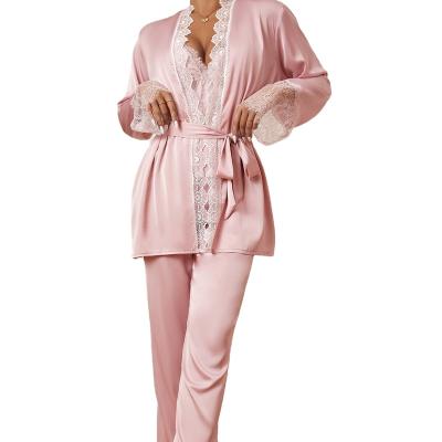 China 2022 Anti-Static Contrast High Quality Anti-Static Lace Panel Silk Tops And Pants Pajamas Sets Silk Sleepwear Pajamas Set For Women for sale