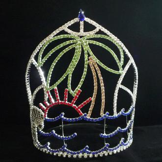 China Tall crown for summer pageants rhinestone crowns logo on the band silver red blue green stones for sale