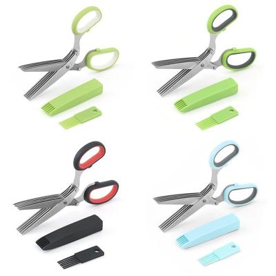 China Strong and Sharp No Rust Amazon Color Box Pack Kitchen Cutter Hot Ultra Sharp Multi Onion Herb Scissors Set 5 Layers with Clean Brush for sale