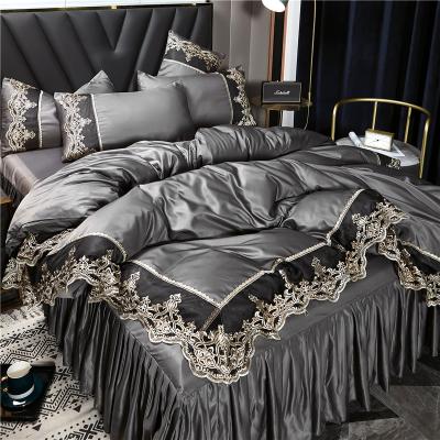 China Summer New Simple Ice Silk Wrap Around Bed Skirts Embroidery Quilting Four Piece Bedding Set for sale