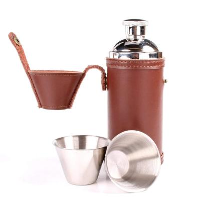 China Traditional Stainless Steel Round 8oz Brown Vintage Leather Hip Flask With 2 Cups Hidden In The Lid for sale