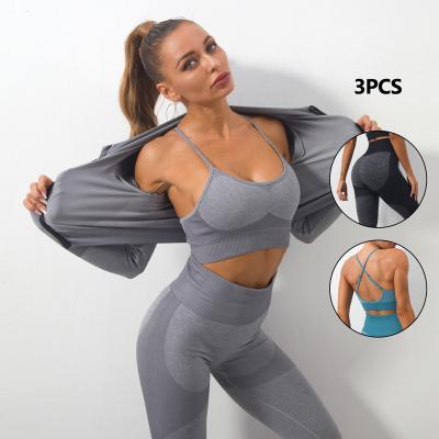 China 2021 Logo Long Sleeve 3pcs High Waist Sport Gym Wear Custom Women Fitness Breathable Active Wear Set for sale