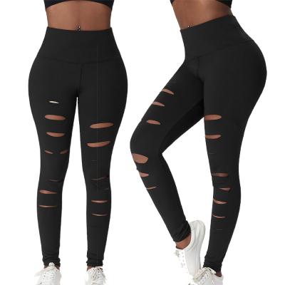 China Wholesale Custom Breathable Women Yoga High Waisted Broken Hole Black Ribbed Workout Leggings for sale