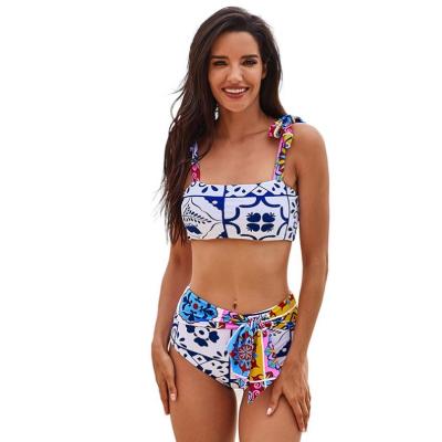 China 2021 New Design Multicolor Tribal Printing Strap Two Piece Swimsuit Breathable Wide Leg Swimwear For Women for sale