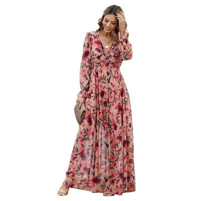 China 2021 Wholesale Women Breathable Printing Elegant Tiered Ruffle Maxi Dress Long Sleeve for sale