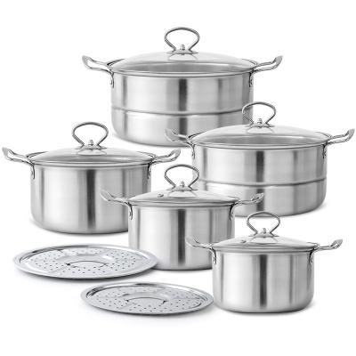 China Sustainable 12 pcs stainless steel cooking and steaming pot cookware set with glass cover and steamed pieces for sale