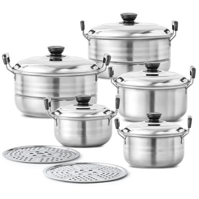 China Sustainable 12 pcs stainless steel cooking and steaming pot cookware set with steel cover and steamed pieces for sale