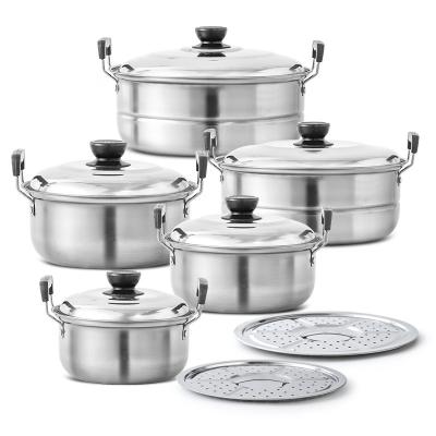 China Sustainable 16cm-24cm stainless steel cooking and steaming pot cookware set with steel cover and steamed pieces for sale