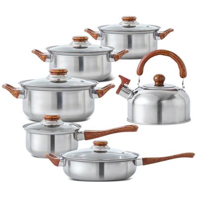 China Sustainable 12 pcs stainless steel cooking pot set cookware soup pot set with kettle and frying pan for sale