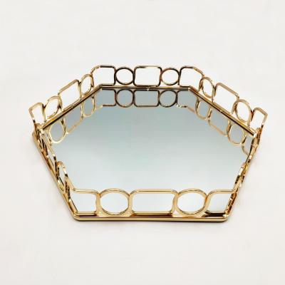 China Wholesale Home Luxury Gold Metal Restaurant Hotel Vanity Glass Serving Perfume Jewelry Decorative Mirror Tray for sale