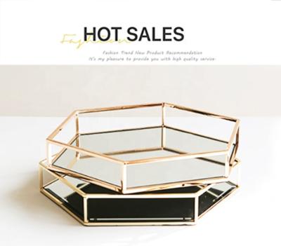 China Eco-friendly Metal Shaped Decorative Hexagon Jewelry Vanity Mirror Glass Perfume Serving Trays For Party Home Decoration for sale