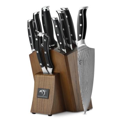 China 9 Piece Disposable Kitchen Knife Chef Damascus Set With Wooden Block And Plastic Black Handle for sale