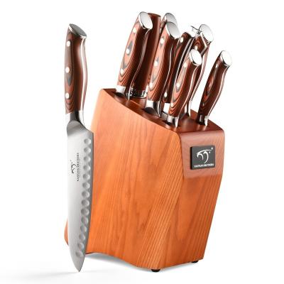 China Amazon Disposable Quick Drop Shipping 9 Piece G10 Handle Wholesale Chef Knife Damascus Kitchen Sets With Wooden Knife Block for sale