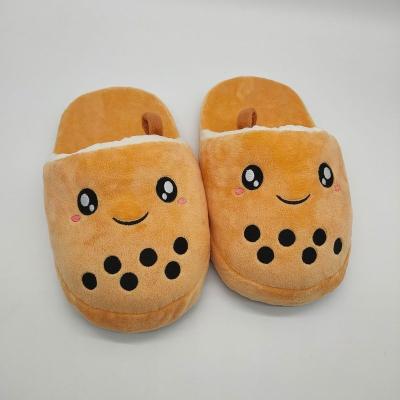 China Hot cute design Cartoon Boba milk tea plush shape slipper shoes plush pearl bubble boba tea indoor slippers for sale