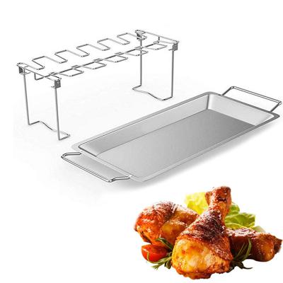 China Heat Resistance Cave Tools Stainless Steel Drumstick Holder Chicken Leg Wing Rack with Drip Tray for BBQ Grill Oven for sale