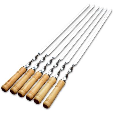 China Thermal Resistance 55cm Stainless Steel BBQ Wooden Handle Fork Kebab Barbecue Grill Flat Meat Skewers With Non-slip Wooden Handle for sale