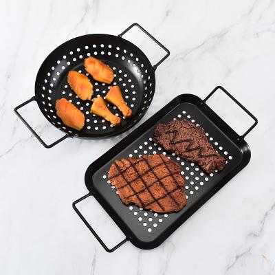 China Heat resistance BBQ accessory camping cookware non-stick grill basket wok pan wok pan with handle for sale