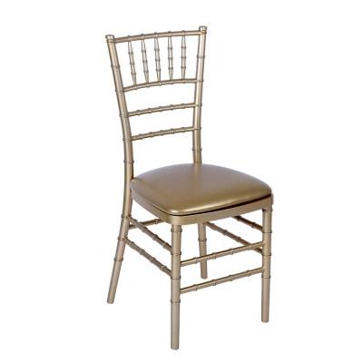 China UV-resistant plastic chiavari chair gold color with PU cushion metal leather core in frame for sale