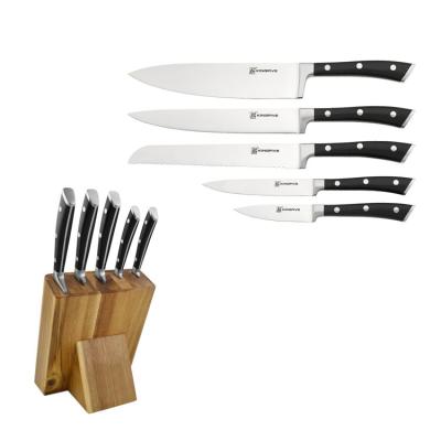 China 6 Pieces Viable Customized Knives Machine Kitchenware Plastic Handle High Carbon Steel Kitchen Knife Set With Wood Block for sale