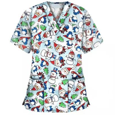 China Breathable Breathable Fabric Cotton Printing Merry Christmas Holiday Nurse Medical Scrub Senior Uniforms for sale