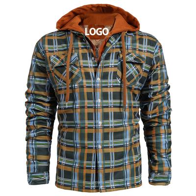 China Free Customized Men's LOGO Plaid Shirt Jacket Waterproof Plus Velvet Plus Size Winter Warm Windproof Hooded Jacket Cotton Green Jacket for sale