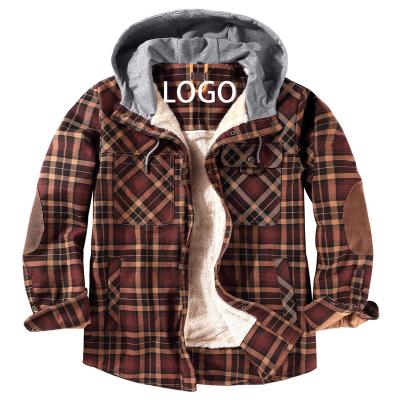 China Customized Wholesale USA Size Men's Free Size LOGO Full Cotton Waterproof Winter Thick Hooded Patchwork Flannel Outdoor Shirt Jacket for sale