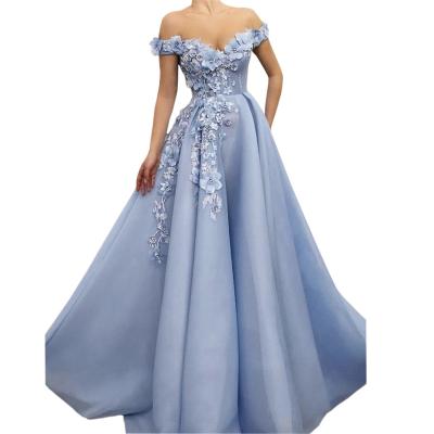 China Breathable Elegant Sky Blue Prom Dresses 3D Flowers A Line Sleeves Off The Shoulder Evening Dresses Long Formal Occasion Dress for sale