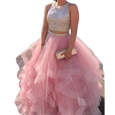 China Dry Cleaning Two Piece Ball Gown Quinceanera Dress O-Neck Beaded Backless Pageant Sparkle Dresses Sweet Long Tiered Organza Prom Dress for sale