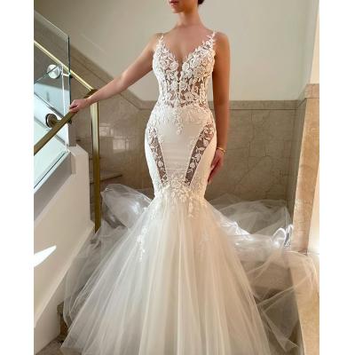 China Breathable Fashionable V Neckline Backless Mermaid Wedding Dresses Spaghetti Straps Lace Bridal Gown Chapel Train Vestido De Novia for sale