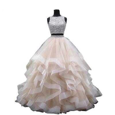 China Beaded Backless Crystal Two Pieces Ball Gown Quinceanera Quinceanera Dress Luxury O-Neck Pageant Dresses Sweet Long Tiered Organza Prom Dress for sale