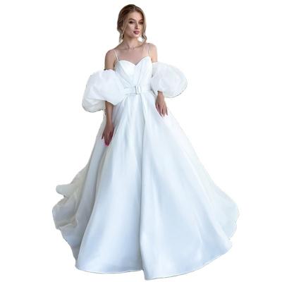 China Breathable Elegant Satin Pleat Design Summer Ball Gown Sashes Spaghetti Straps Puff Sleeves Sweetheart Wedding Dresses 2022 for sale