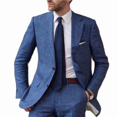 China Newest Design Anti-Wrinkle Design Groom Male Suits Linen Blue Men Suit Slim Fit 2 Pieces Custom Made Blazer Jacket+Pants Tuxedo for sale