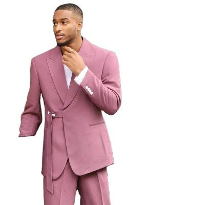 China Anti-Wrinkle Designer New Pink Men Suit With Belt Prom Slim Fit 2022 Tuxedo Suits 2 Piece Wedding Groomsmen Blazer for sale