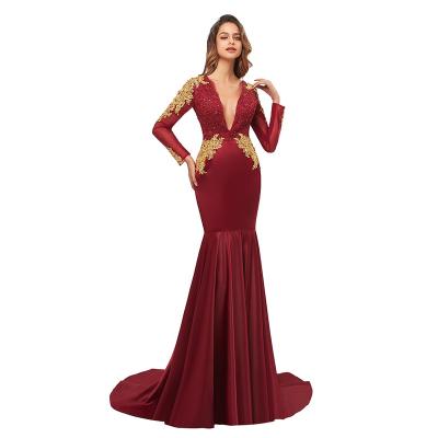 China Breathable Sexy Deep V Neck Mermaid Evening Dresses Long Sleeves Elegant Gold Appliques Satin Prom Dress for sale