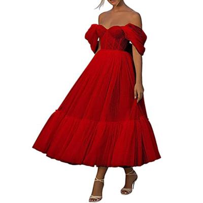 China Breathable Women's Dotted Tulle Prom Dresses Off Shoulder Tiered Juniors Dress Tea Length Gorgeous Even Ball Gown for sale