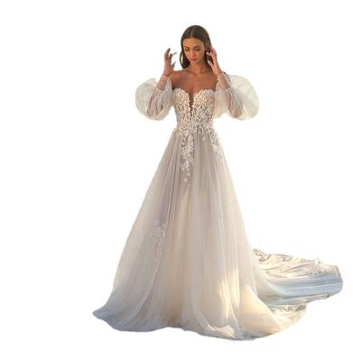 China Best Price Top Quality Breathable Puff Sleeves Lace Up Long Wedding Dress Lace Applique Tulle Boho Wedding Dress for sale