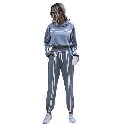 China 2021 New Arrival Hot Selling Women Breathable Striped Drawstring Design Cotton Jogging Suit 2 Piece Hoodie Set for sale