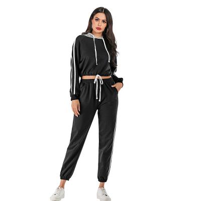 China New Product Breathable Workout Fits Fashionable Casual Women's Loose Hoodies With Long Drawstring Stripe 2pcs Sportswear for sale