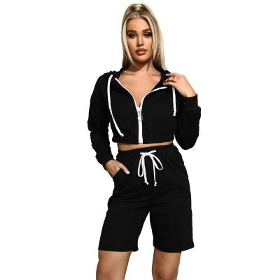 China 2021 new fashion autumn five-point pants suit drawstring breathable long-sleeved color zipper hoodie women's front casual solid sweater for sale