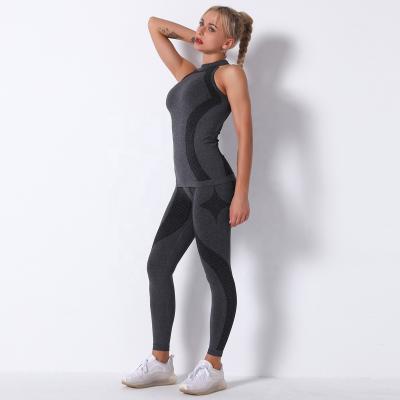 China Breathable Women Knit Yoga Sets Solid Sportswear Sleeveless Seamless Casual Fitness Tracksuits Basics Gaiters Tops Gym Set for sale