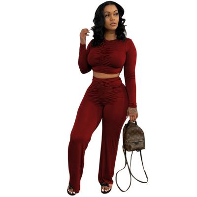 China Sustainable Wide Leg Pants Set Women Crop Top Tracksuits Ruched Tops Cute Women's Sets For Fall for sale