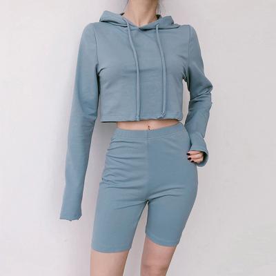 China OEM QUICK DRY Custom Women High Quality Long Sleeve Crop Top Sports Fashion Slim Fit Pullover Sweatshirt Tight Shorts Two Piece Sweatsuit for sale