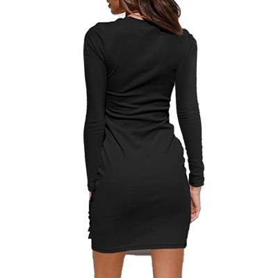 China New Style Viable Wholesale Winter Autumn Tied Long Sleeves Solid Color Buttocks Slim Fit Women Casual Round Neck Dress for sale