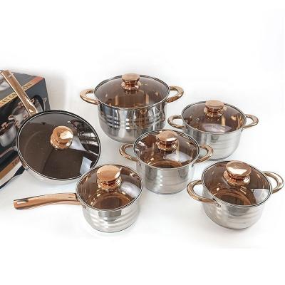 China Home Cooking 12pcs Cookware Set Golden Handle Kitchen Pots Stainless Steel Cookware Pan Set Cooking Pot Set for sale