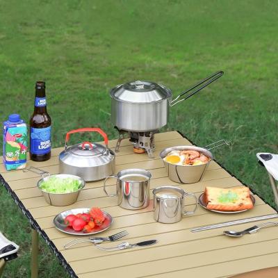 China Hot Sale 304 Stainless Steel Outdoor Camping Cookware Mess Kit Portable Picnic Pot Pan Camping Cooking Set for sale